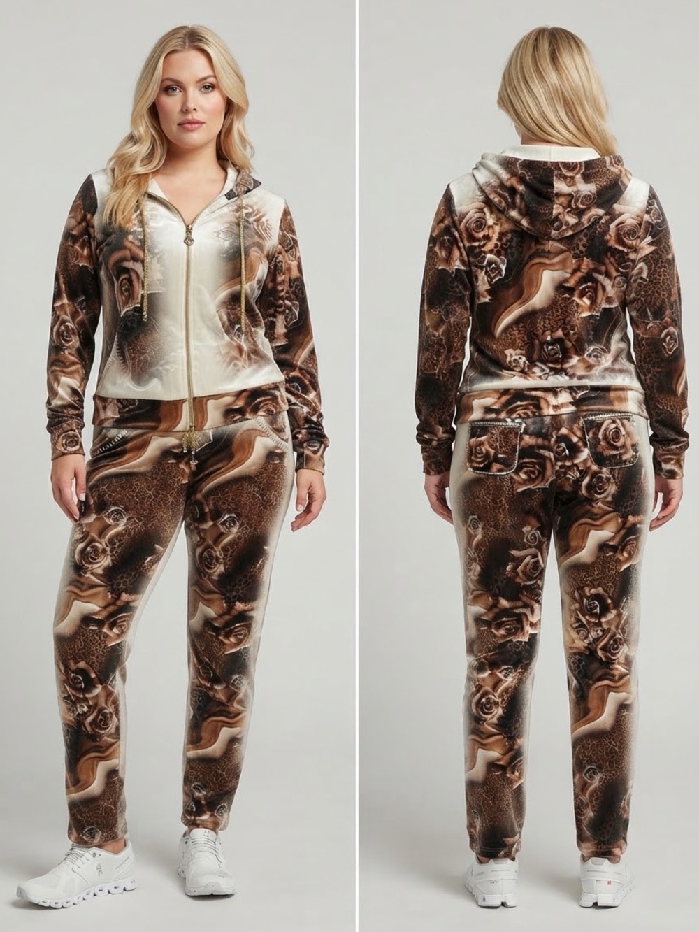 WOMEN PLUS SIZE VELOUR TRACKSUIT SET JACKET/PANTS HOOD FLORAL PRINT LOUNGEWEAR
